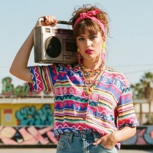 Alia 10 Vintage 90s Bold Retro Tribal Funky Dopamine Artsy Button Down Shirt